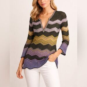 Missoni Chevron Knit Tunic Top Olive Purple Yellow Long Sleeve Size 8